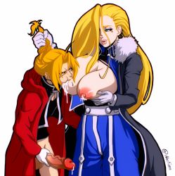 Rule 34 | 1boy, 1girl, 20s, artist name, bottomless, breast sucking, breasts, breasts out, erection, fullmetal alchemist, hactionn, hetero, highres, lactation, large areolae, large breasts, large penis, male masturbation, masturbation, mature female, nipples, olivier mira armstrong, penis, size difference, standing