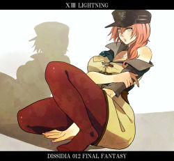 Rule 34 | 10s, 1girl, alternate costume, bad id, bad pixiv id, breasts, character name, copyright name, dissidia 012 final fantasy, dissidia final fantasy, final fantasy, final fantasy xiii, green eyes, hat, large breasts, lightning farron, long hair, mizu no, pantyhose, pink hair, red pantyhose, solo, squatting