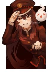 Rule 34 | 1girl, alternate costume, black hat, black nails, blush, brown hair, commentary, english commentary, fang, flower-shaped pupils, gakuseibou, genshin impact, ghost, hanako (jibaku shounen hanako-kun), hat, highres, holding, holding clothes, holding hat, hu tao (genshin impact), jewelry, jibaku shounen hanako-kun, long hair, long sleeves, looking at viewer, nail polish, open mouth, red eyes, ring, skin fang, smile, snifflesmp4, solo, symbol-shaped pupils, very long hair
