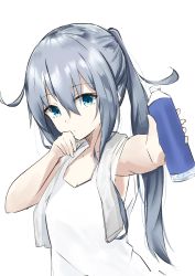 Rule 34 | 1girl, absurdres, alternate hairstyle, arm up, armpits, blue eyes, bottle, commentary request, evening rabbit, giving, hair between eyes, hand to own mouth, head tilt, hibiki (kancolle), highres, holding, holding bottle, kantai collection, long hair, outstretched arm, ponytail, sidelocks, silver hair, solo, tank top, towel, towel around neck, upper body, wiping mouth