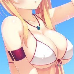 Rule 34 | 1girl, arm strap, arm up, bikini, blonde hair, blue background, blue eyes, breast focus, breasts, character request, cleavage, close-up, collarbone, covered erect nipples, female focus, front-tie bikini top, front-tie top, head out of frame, jewelry, large breasts, long hair, magatama, necklace, original, parted lips, simple background, solo, strap gap, sweat, swimsuit, upper body, white bikini, yuzu modoki