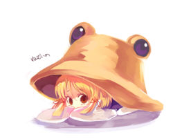 Rule 34 | 1girl, blonde hair, brown eyes, cis (carcharias), female focus, hat, large hat, looking at viewer, lowres, lying, mini person, minigirl, moriya suwako, oversized object, sleeves past wrists, solo, touhou