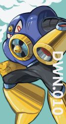 Rule 34 | 1boy, absurdres, air man, arm cannon, clenched hand, commentary, electric fan, english commentary, highres, looking at viewer, male focus, mega man (classic), mega man (series), mega man 2, no humans, no mouth, red eyes, robot, rorobo 15, solo, weapon
