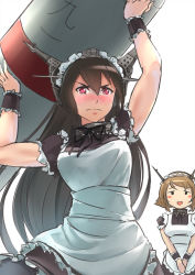 Rule 34 | 10s, 2girls, alternate costume, apron, black dress, black hair, blush, blush stickers, dress, embarrassed, enmaided, flipped hair, headgear, highres, jitome, kantai collection, light brown hair, long hair, looking at another, looking at viewer, maid, maid apron, maid headdress, multiple girls, mutsu (kancolle), nagato (kancolle), open mouth, red eyes, short hair, short sleeves, simple background, sketch, torpedo, ttc, type 91 armor-piercing shell, upper body, v arms, white background, wrist cuffs