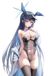 Rule 34 | 1girl, absurdres, alternate costume, animal ears, bare shoulders, black hair, black thighhighs, blue archive, blue eyes, blue hair, blush, breasts, cleavage, closed mouth, coat, covered navel, cowboy shot, fake animal ears, halo, hand up, highleg, highleg leotard, highres, lanyard, large breasts, leotard, long hair, looking at viewer, meme attire, multicolored hair, nontraditional playboy bunny, off shoulder, open clothes, open coat, playboy bunny, rabbit ears, rable, saori (blue archive), see-through, sidelocks, simple background, solo, thighhighs, thighs, translucent bunnysuit, two-tone hair, very long hair, visor cap, white background