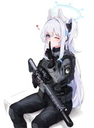 Rule 34 | 1girl, absurdres, animal ears, ar-15, black gloves, black pants, black vest, blue archive, blue eyes, blue hair, blue halo, bulletproof vest, clov3r, commentary, earpiece, fake animal ears, finger to mouth, gloves, grey shirt, gun, hair intakes, halo, highres, holding, holding gun, holding weapon, index finger raised, light blue hair, long hair, looking at viewer, miyako (blue archive), one eye closed, one side up, pants, rabbit ears, rifle, shirt, shushing, simple background, sitting, solo, suppressor, vest, weapon, weapon request, white background