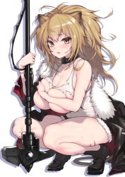 Rule 34 | 1girl, animal ears, arknights, bare shoulders, black collar, black footwear, black jacket, blonde hair, breasts, brown eyes, cleavage, collar, collarbone, covering privates, covering breasts, full body, fur trim, fuya (tempupupu), hair between eyes, jacket, large breasts, lion ears, lion tail, lips, long hair, looking at viewer, parted lips, shorts, siege (arknights), simple background, solo, squatting, sweat, tail, tank top, torn clothes, weapon, white background, white tank top