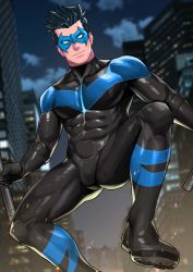 Rule 34 | 1boy, batman (series), black bodysuit, black hair, bodysuit, boots, closed mouth, dc comics, highres, holding, holding weapon, male focus, maorenc, mask, night, night sky, nightwing, outdoors, sky, smile, solo, spiked hair, toned, toned male, weapon