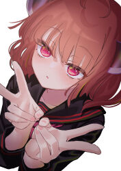 Rule 34 | 1girl, ahoge, black serafuku, blade, blush, brown hair, collarbone, commentary request, cropped torso, double v, from above, half-closed eyes, hands up, headgear, highres, long sleeves, looking at viewer, looking up, medium hair, open mouth, own hands together, raised eyebrows, red eyes, school uniform, serafuku, simple background, solo, takanashi yuki, touhoku kiritan, v, voiceroid, white background