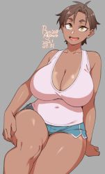 Rule 34 | 1girl, agawa ryou, ahoge, arm support, artist name, bare shoulders, blue shorts, breasts, brown hair, cleavage, collarbone, commentary, covered navel, dated, english commentary, feet out of frame, grey background, hand on thigh, huge breasts, looking at viewer, numbered, open mouth, original, pink shirt, shirt, short hair, short shorts, shorts, simple background, smile, solo, tan, tank top, tanline, yellow eyes