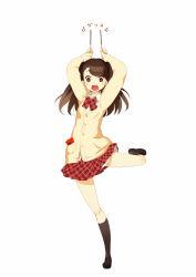 Rule 34 | 1girl, black socks, brown eyes, brown hair, cardigan, food, full body, gin (oyoyo), kneehighs, loafers, open mouth, original, pocky, shoes, simple background, skirt, socks, solo, standing, standing on one leg, white background