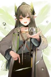 Rule 34 | 1girl, :d, absurdres, adapted costume, arknights, black choker, black skirt, blush, brown hair, choker, coat, elf, grey coat, grey shirt, high-waist skirt, highres, hydrokinesis, long hair, long sleeves, looking at viewer, looking back, mole, mole under eye, muelsyse (arknights), open clothes, open coat, open mouth, pen, pointy ears, shirt, skirt, smile, solo, very long hair, water, xiaobei, yellow eyes