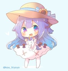 Rule 34 | 1girl, :d, azur lane, black bow, blue background, blush, bow, brown hat, chibi, commentary request, detached sleeves, dress, full body, hair between eyes, hair flaps, hat, hugging object, kou hiyoyo, long hair, long sleeves, looking at viewer, no shoes, open mouth, pantyhose, purple eyes, purple hair, sleeveless, sleeveless dress, smile, solo, standing, stuffed animal, stuffed toy, stuffed winged unicorn, sun hat, twitter username, unicorn (azur lane), very long hair, white dress, white pantyhose, white sleeves