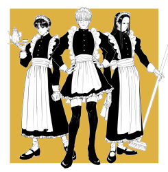 Rule 34 | 3boys, absurdres, alternate costume, apron, arm at side, broom, chrollo lucilfer, cross print, crossdressing, cup, dress, earrings, enmaided, expressionless, facial mark, forehead mark, frilled apron, frilled dress, frills, full body, fuse (2sau3), gloves, greyscale with colored background, hands on own hips, highres, hisoka morow, holding, holding broom, holding tray, hunter x hunter, illumi zoldyck, jewelry, juliet sleeves, long dress, long hair, long sleeves, looking at viewer, maid, maid apron, maid headdress, male focus, male maid, mary janes, monochrome, multiple boys, outside border, parted bangs, puffy sleeves, shoes, short dress, short hair, smirk, socks, star (symbol), straight hair, teacup, teapot, teardrop facial mark, thighhighs, tray, waist apron, yellow background, yellow theme, zettai ryouiki