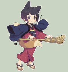 Rule 34 | 1girl, animal ears, bamboo broom, black hair, blue jacket, broom, brown eyes, brown footwear, closed mouth, commentary request, fox ears, fox girl, fox tail, full body, grey background, jacket, jacket on shoulders, japanese clothes, kimono, kitsune, kukuri (mawaru), long sleeves, looking at viewer, mawaru (mawaru), obi, original, outline, red kimono, sandals, sash, short hair, simple background, smile, solo, standing, tail, translation request, v-shaped eyebrows, white outline, wide sleeves, zouri