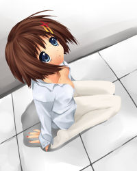 Rule 34 | 00s, 1girl, 467 (artist), bad id, bad pixiv id, blue eyes, brown hair, downblouse, from above, hair ornament, kneeling, lyrical nanoha, mahou shoujo lyrical nanoha, mahou shoujo lyrical nanoha strikers, nail polish, open clothes, open shirt, pantyhose, red nails, shirt, short hair, sitting, solo, wariza, white pantyhose, x hair ornament, yagami hayate