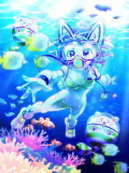 Rule 34 | &gt; &lt;, 0 0, 1girl, :3, air bubble, animal ears, armlet, bad id, bad pixiv id, bemani, bikini, bikini shorts, blue eyes, blue hair, bubble, commentary, coral, coral reef, detached sleeves, diving, diving mask, english commentary, fake animal ears, fish, front-tie bikini top, front-tie top, gloves, goggles, green bikini, hairband, mike (nasimomoringo), navel, open mouth, paw shoes, reaching, reaching towards viewer, scuba, shoes, shorts, snorkel, solo, sound voltex, striped bikini, striped clothes, sunlight, swimsuit, symbol-only commentary, tama-chan (sound voltex), tamaneko (sound voltex), underwater, white bikini