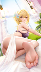 Rule 34 | 1girl, ass, barefoot, blonde hair, blush, bottomless, bra, breasts, feet, flower, from behind, genshin impact, hair between eyes, hair flower, hair ornament, hanging light, highres, indoors, large breasts, liu liaoliao, long hair, looking at viewer, looking back, lumine (genshin impact), nail polish, on bed, parted lips, plant, purple bra, purple nails, sign, solo, thighs, toenail polish, toenails, twitter username, underwear, white flower, yellow eyes