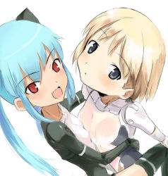 Rule 34 | 10s, 2girls, :d, arnval, asymmetrical docking, black gloves, black legwear, blonde hair, blue eyes, blue hair, blush, breast press, breasts, busou shinki, doll joints, dutch angle, elbow gloves, fang, flat chest, from above, from side, gloves, head tilt, hug, joints, leotard, long hair, looking at viewer, multiple girls, nipples, official art, open mouth, parted lips, red eyes, see-through, shimada fumikane, short hair, simple background, sketch, small breasts, smile, strarf, symmetrical docking, thighhighs, white background, white gloves