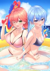 Rule 34 | 2girls, ;d, absurdres, alternate breast size, bikini, blue eyes, blue hair, blue sky, breasts, cleavage, cloud, finger on trigger, green eyes, hair ornament, hairclip, heckler kai, highres, holding, holding water gun, hololive, hoshimachi suisei, innertube, large breasts, locked arms, long hair, multiple girls, navel, one eye closed, open mouth, outdoors, pink hair, sakura miko, sitting, sky, small breasts, smile, star (symbol), star in eye, stomach, swim ring, swimsuit, symbol in eye, v, virtual youtuber, wariza, water, water gun