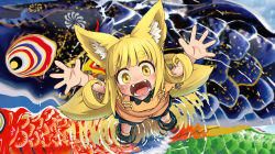 Rule 34 | 1girl, :d, animal ears, blonde hair, blue footwear, blunt bangs, blush, boots, colorful, curly hair, doitsuken, fangs, fox child (doitsuken), fox ears, fox tail, from above, hands up, highres, koinobori, looking at viewer, multiple tails, open mouth, orange overalls, original, outstretched arms, overalls, reflection, ripples, smile, solo, spread arms, standing, tail, thick eyebrows, two tails, wading, windsock, wristband, yellow eyes