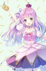 Rule 34 | 1girl, arm up, blue hair, bow, breasts, candy hair ornament, candy wrapper, commentary request, crescent, crown, dress, food-themed hair ornament, frilled skirt, frills, gradient hair, green background, green eyes, hair ornament, hair rings, heterochromia, highres, himemori luna, himemori luna (1st costume), holding, hololive, kine-c, long hair, medium breasts, mini crown, multicolored hair, outstretched arm, pink dress, pink hair, pleated skirt, puffy short sleeves, puffy sleeves, purple eyes, purple skirt, red bow, shirt, short sleeves, skirt, solo, strapless, strapless dress, striped, striped bow, very long hair, virtual youtuber, white shirt