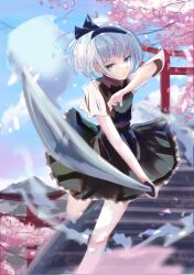 Rule 34 | 1girl, absurdres, arm up, blue eyes, bob cut, breasts, cherry blossoms, day, foot out of frame, foreshortening, green skirt, green vest, grey hair, hair ribbon, hairband, highres, hitodama, holding, holding sword, holding weapon, katana, kh4c, konpaku youmu, konpaku youmu (ghost), looking at viewer, lunging, outdoors, perspective, petals, ribbon, serious, short hair, short sleeves, skirt, sleeves past elbows, small breasts, solo, standing, standing on one leg, sword, torii, touhou, vest, weapon