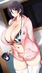 Rule 34 | 1girl, animal print, areola slip, arm behind back, bikini, bikini top only, black hair, blush, breasts, commentary request, cow print, cup, curvy, earrings, hair between eyes, halterneck, highres, holding, holding cup, hood, hoodie, huge breasts, jewelry, kusahagane, large breasts, mole, mole under mouth, navel, navel piercing, open clothes, open hoodie, original, piercing, pink hoodie, short hair, skindentation, standing, swimsuit, thighhighs, white thighhighs