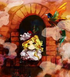 Rule 34 | 1girl, bird, birdcage, blonde hair, cage, closed mouth, commentary request, gloves, hat, highres, jacket girl (dipp), kaigen 1025, long hair, long sleeves, looking at viewer, red hat, shirt, solo, touhou, watercolor effect, wavy hair, white gloves, white shirt, yellow eyes