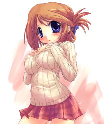 Rule 34 | 00s, 1girl, blue eyes, breasts, brown hair, covered erect nipples, cowboy shot, folded ponytail, ga015, komaki manaka, large breasts, miniskirt, open mouth, simple background, skirt, solo, sweater, to heart (series), to heart 2