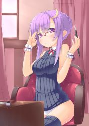 Rule 34 | 1girl, adjusting eyewear, bespectacled, black thighhighs, breasts, buckle, chair, cowboy shot, crescent, crescent hair ornament, curtains, glasses, hair ornament, highres, ink, long hair, medium breasts, no pants, notebook, panties, patchouli knowledge, pen, purple eyes, purple hair, red-framed eyewear, ribbed sweater, ribbon, semi-rimless eyewear, shirt, sitting, sleeveless, spirytus tarou, striped clothes, striped thighhighs, sweater, thighhighs, touhou, underwear, vertical-striped clothes, vertical-striped thighhighs, vest, white theme, window, wrist cuffs