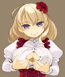 Rule 34 | 1girl, ahoge, bad id, bad nijie id, blonde hair, blue eyes, breasts, center opening, cleavage, flower, hair flower, hair ornament, highres, large breasts, looking at viewer, mota, no nose, open clothes, open shirt, original, shirt, simple background, smile, solo