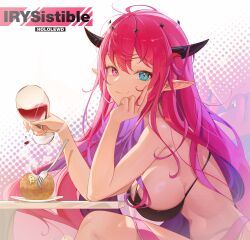 Rule 34 | 1girl, alcohol, baked potato, bikini, black bikini, blue eyes, breasts, cup, drinking glass, greatodoggo, heterochromia, highres, hololive, hololive english, horns, irys (hololive), large breasts, long hair, looking at viewer, multicolored hair, multiple horns, pointy ears, potato, purple hair, red hair, sideboob, swimsuit, virtual youtuber, wine, wine glass