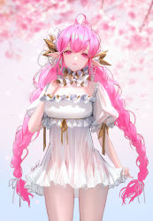 Rule 34 | 1girl, :&lt;, absurdres, ahoge, bare shoulders, blurry, blurry background, breasts, cherry blossoms, cleavage, closed mouth, dress, frills, highres, lizchief, long hair, original, petals, pink eyes, pink hair, pointy ears, puffy sleeves, ribbon, see-through, signature, solo, twintails, very long hair, white dress, yellow ribbon