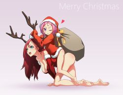 Rule 34 | 2girls, ;p, all fours, antlers, bare legs, barefoot, blue eyes, breasts, christmas, cleavage, elbow gloves, gift bag, gloves, hat, heart, highres, horns, large breasts, long hair, lostray, merry christmas, multiple girls, on person, one eye closed, open mouth, original, pink hair, purple eyes, red hair, riding, santa costume, santa hat, short hair, sleeves past wrists, smile, straddling, tongue, tongue out