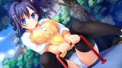 Rule 34 | 1girl, black hair, black skirt, black thighhighs, blue eyes, blush, breasts, building, bush, clenched hands, courreges ace, dutch angle, game cg, goshogawara yuuki, hair intakes, hair ornament, hairclip, highres, lens flare, looking at viewer, outdoors, panties, pantyshot, plant, playground, seesaw, sitting, skirt, smile, solo, spread legs, thighhighs, tree, underwear, watashi ga suki nara &quot;suki&quot; tte itte!, white panties