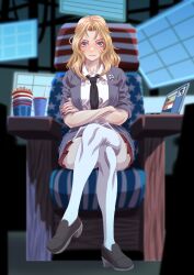 Rule 34 | 1girl, armchair, black footwear, black necktie, blazer, blonde hair, blue eyes, blurry, blurry background, chair, closed mouth, commentary, computer, crossed arms, crossed legs, cup, depth of field, disposable cup, dress shirt, emblem, girls und panzer, grey jacket, highres, indoors, jacket, kay (girls und panzer), laptop, loafers, long sleeves, looking at viewer, medium hair, miniskirt, necktie, on chair, open clothes, open jacket, pleated skirt, red skirt, saunders (emblem), saunders school uniform, school uniform, shirt, shoes, sitting, skirt, sleeves rolled up, smile, solo, thighhighs, tigern (tigern28502735), white shirt, white thighhighs, wing collar