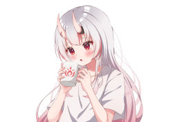Rule 34 | 1girl, blush, commentary request, cup, gradient hair, hands up, highres, holding, holding cup, hololive, horns, karashi (asarikarasi), long hair, looking away, multicolored hair, nakiri ayame, parted lips, red eyes, red hair, shirt, short sleeves, silver hair, simple background, skin-covered horns, solo, streaked hair, upper body, virtual youtuber, white background, white shirt