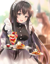 Rule 34 | 2girls, apron, black hair, blurry, blurry background, bow, breasts, brown eyes, commentary request, cowboy shot, food, fruit, hair between eyes, holding, holding food, holding tray, kagachi saku, long hair, long sleeves, looking at viewer, maid, maid apron, maid headdress, medium breasts, multiple girls, open mouth, original, pancake, smile, standing, strawberry, teeth, tongue, tray