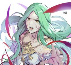 Rule 34 | 1girl, bare shoulders, breasts, commentary request, da-cart, dress, fire emblem, fire emblem: three houses, fire emblem heroes, green hair, large breasts, long hair, looking at viewer, nintendo, off-shoulder dress, off shoulder, official alternate costume, open mouth, rhea (fire emblem), simple background, solo, upper body, very long hair, white background, white dress, yellow eyes