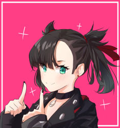 Rule 34 | 1girl, asymmetrical bangs, black choker, black hair, black jacket, black nails, blush, choker, closed mouth, commentary, creatures (company), earrings, eyelashes, framed, game freak, green eyes, hair ribbon, hands up, highres, jacket, jewelry, long sleeves, looking at viewer, marnie (pokemon), nail polish, nintendo, pink background, pointing, pointing up, pokemon, pokemon swsh, red ribbon, ribbon, simple background, sinxe80, sleeves past wrists, smile, solo, sparkle, split mouth, twintails, upper body