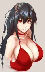 Rule 34 | 1girl, azur lane, bare shoulders, black hair, breasts, cleavage, collar, collarbone, commentary request, dress, hair between eyes, hair ornament, hashimoto (frog flag), large breasts, long hair, looking at viewer, official alternate costume, parted lips, red dress, red eyes, sideboob, smile, solo, taihou (azur lane), taihou (forbidden feast) (azur lane), twintails, upper body