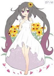 Rule 34 | 1girl, absurdres, alternate costume, amano kouki, arm behind back, bare shoulders, barefoot, black hair, check commentary, collarbone, commentary request, dated, dress, flower, hair flower, hair ornament, heart, highres, long hair, looking at viewer, note-chan, open mouth, original, petals, purple eyes, sleeveless, sleeveless dress, smile, solo, strapless, strapless dress, sunflower, twintails, very long hair, white background, white dress