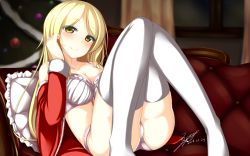 Rule 34 | 10s, 1girl, 2014, absurdres, blonde hair, blush, bra, breasts, cleavage, couch, dated, frilled pillow, frills, gakuen butou no folklore, highres, jougen, long hair, open clothes, panties, pillow, santa costume, signature, smile, solo, thighhighs, underwear, white bra, white panties, white thighhighs, yellow eyes