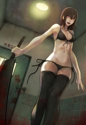 Rule 34 | 1girl, :d, bikini, black bikini, black thighhighs, blood on wall, blush, brown hair, commentary, heart, heart-shaped pupils, highres, holding, holding sword, holding weapon, jittsu, looking at viewer, navel, open mouth, original, purple eyes, smile, solo, swimsuit, sword, symbol-shaped pupils, teeth, thighhighs, weapon, yandere
