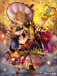 Rule 34 | 1girl, blonde hair, breasts, cape, cleavage, company name, demon, demon tail, demon wings, drill hair, earrings, force of will, hair over one eye, hat, jewelry, long hair, mole, mole under mouth, nail polish, navel, official art, pisuke, red eyes, sparkle, staff, tail, thighhighs, wings, yellow eyes