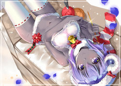 Rule 34 | 1girl, bare arms, bare shoulders, bell, blush, border, bow, breasts, couch, dark-skinned female, dark skin, fate/grand order, fate (series), fur collar, glint, groin, hassan of serenity (fate), hassan of serenity (merry sheep) (fate), holding, horn bow, horn ornament, horns, kunai, legs up, looking at viewer, lying, medium breasts, navel, on back, on couch, panties, petals, purple eyes, purple hair, red bow, ribbon-trimmed legwear, ribbon trim, sho (runatic moon), short hair, sleeveless, socks, solo, striped clothes, striped socks, tareme, thighhighs, underboob, underwear, weapon, white panties, white socks, yarn, yarn ball