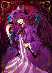 Rule 34 | 1girl, bad id, bad pixiv id, book, capelet, crescent, crescent hat ornament, female focus, hat, hat ornament, hitoto, long hair, multicolored ribbon, patchouli knowledge, purple hair, red hair, ribbon, ribbon-trimmed capelet, ribbon-trimmed sleeves, ribbon trim, robe, solo, striped, touhou