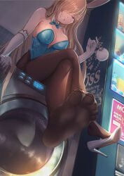 Rule 34 | 1girl, asuna (blue archive), asuna (bunny) (blue archive), blue archive, blue eyes, crossed legs, feet, grin, hair over one eye, highres, leotard, light brown hair, long hair, looking at viewer, pantyhose, rabbit ears, sitting, smile, soles, toes, washing machine