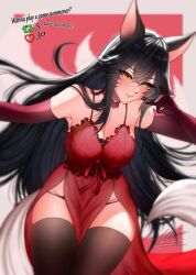 Rule 34 | 1girl, absurdres, ahri (league of legends), animal ears, artist name, black hair, black thighhighs, breasts, cleavage, commentary, dress, elbow gloves, english commentary, english text, facial mark, fox ears, fox girl, fox shadow puppet, fox tail, gloves, hair between eyes, hibahria, highres, kitsune, kyuubi, large breasts, league of legends, long hair, looking at viewer, multiple tails, panties, red dress, red gloves, red panties, seductive smile, slit pupils, smile, solo, tail, thighhighs, thighs, underwear, very long hair, yellow eyes